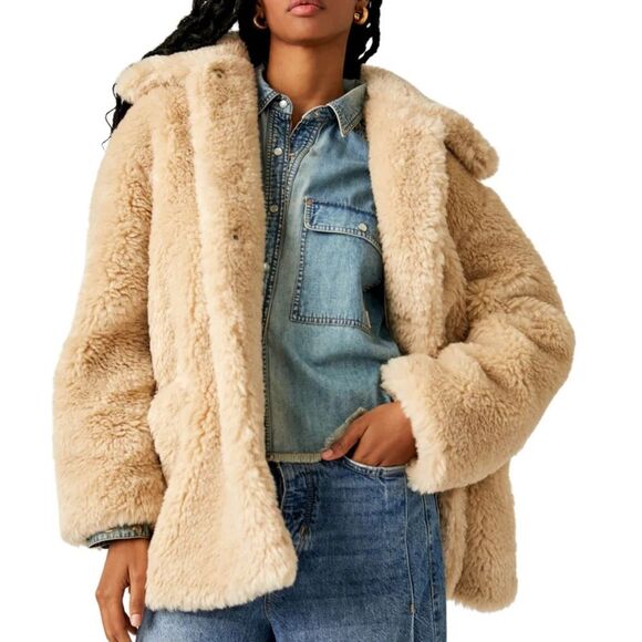 Free People Pretty Perfect Faux Fur Peacoat Tea Size Large NEW with tags - Picture 1 of 13